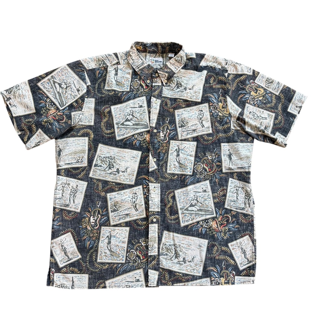 Reyn Spooner Mens XXL Eddy Y Surf Print Hawaiian Button Down Shirt Black Cotton